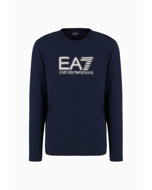 EA7 Visibility Rundhals-langarmshirt Aus Baumwollstretch in Blue für Herren