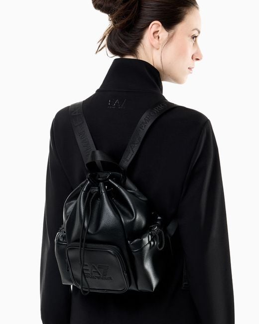 EA7 Black Backpack With Embossed Logo And Leather-Effect Drawstring Closure
