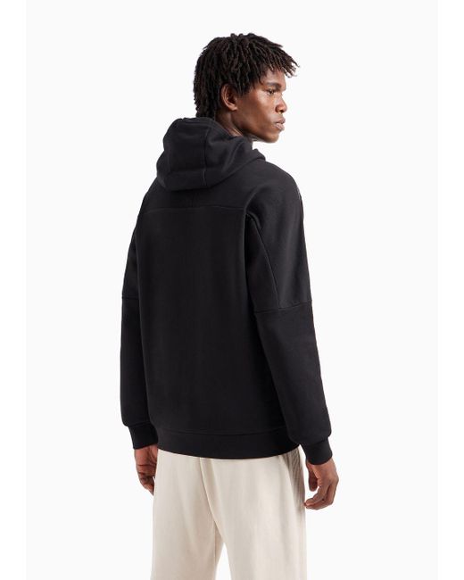 EA7 Black Organic Cotton-blend Hooded Logo Series Sweatshirt for men