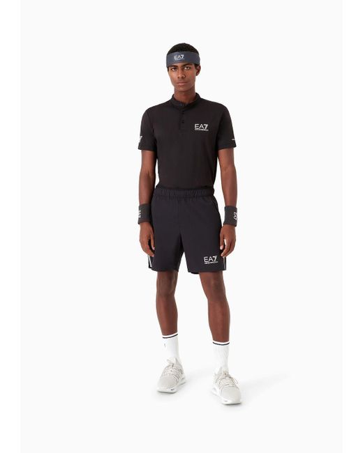 EA7 Black Tennis Pro Henley-collar Polo Shirt In Ventus7 Technical Fabric for men
