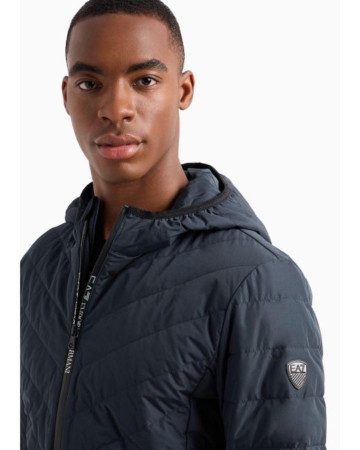 Emporio Armani Blue Premium Shield Packable Puffer Jacket With Hood for men