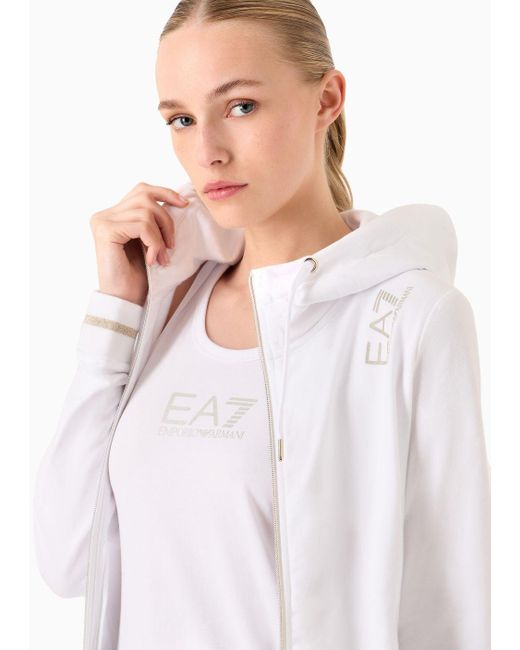 EA7 White Stretch-cotton Hooded Core Lady Sweatshirt