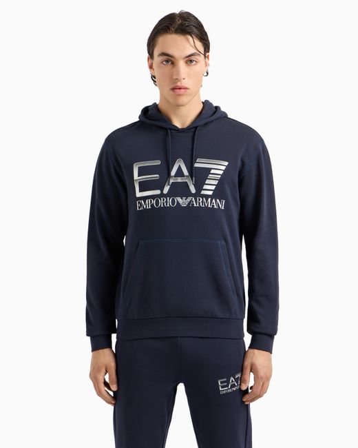 EA7 Logo Series Hooded Cotton Sweatshirt in Blue for Men Lyst UK