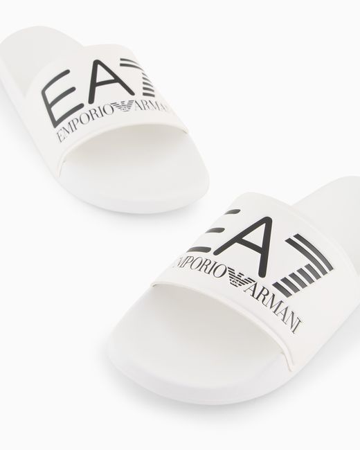 EA7 White Logo Slides With A Wide Band And Anti-Slip Rubber Soles