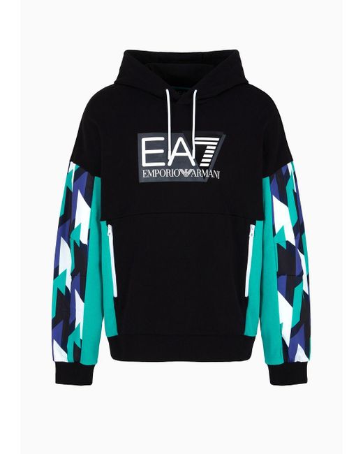 EA7 Black Cotton Hooded Graphic Series Sweatshirt for men