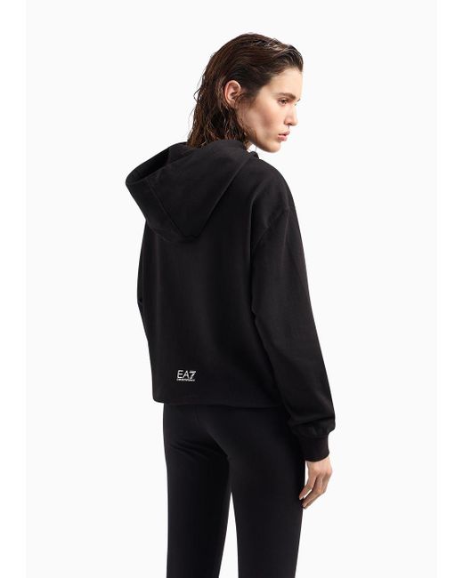 EA7 Black Cropped Baumwoll-sweatshirt Shiny Mit Kapuze