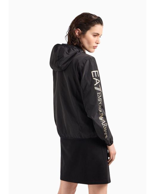 EA7 Black Water-repellent Fabric Shiny Hooded Jacket