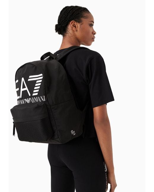 EA7 Black Backpack In Sustainable Fabric With Oversized Logo