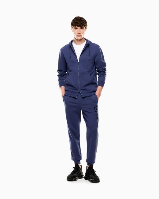 EA7 Logo Series Sweatshirt Aus Baumwolle Mit Kapuze in Blue für Herren