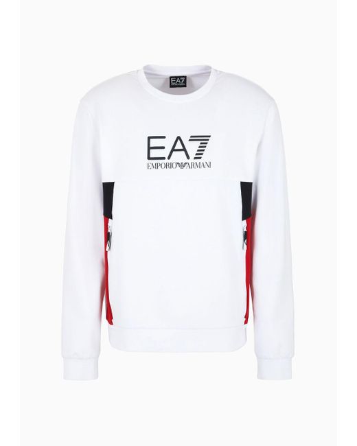 EA7 White Summer Block Crew-neck Sweatshirt In A Recycled Cotton Blend for men