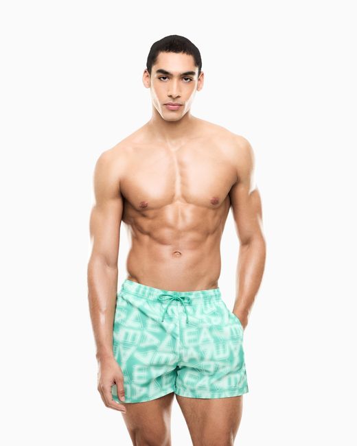 EA7 Green Graphic Series Swim Trunks With Logo Print for men