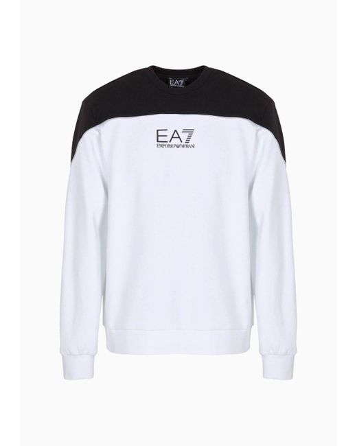EA7 White Athletic Colour Block Crew-neck Sweatshirt In A Cotton Blend for men