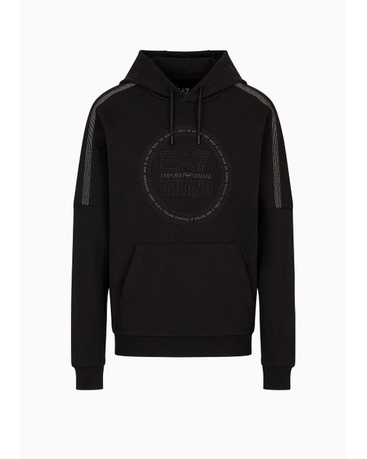 EA7 Black Organic Cotton-blend Hooded Logo Series Sweatshirt for men