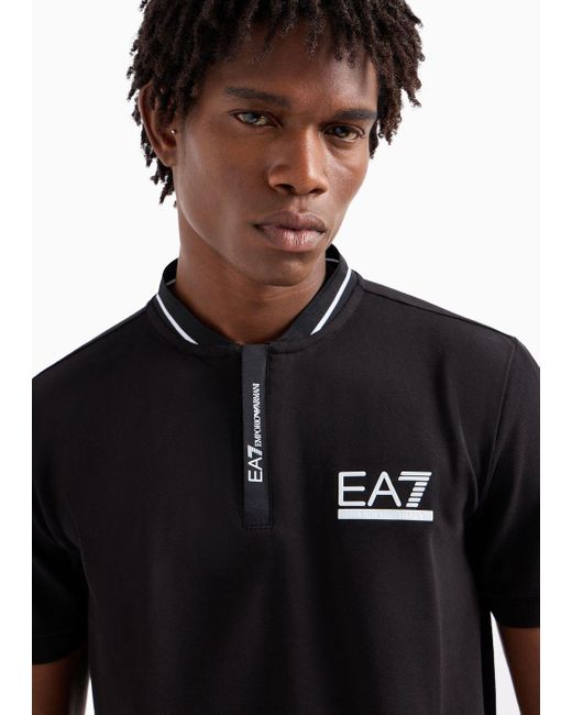 EA7 Black Tennis Club Stretch-cotton Henley-collar Polo Shirt for men
