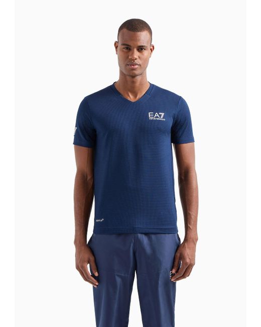 EA7 Blue Tennis Pro V-neck T-shirt In Ventus7 Technical Fabric for men