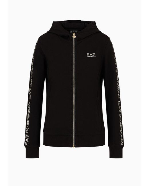 EA7 Black Shiny Stretch-cotton Hooded Sweatshirt