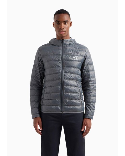 EA7 Gray Packable Hooded Core Identity Puffer Jacket for men