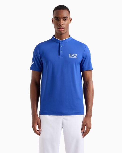EA7 Blue Tennis Pro Henley-Collar Polo Shirt for men