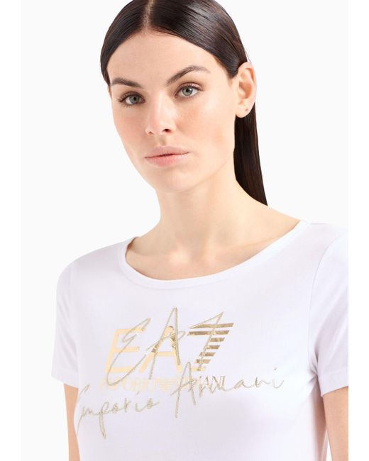 EA7 White Logo Series T-shirt Mit Rundhalsausschnitt Aus Baumwollstretch