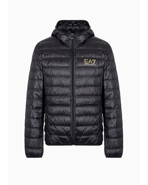 EA7 Black Packable Hooded Core Identity Puffer Jacket for men