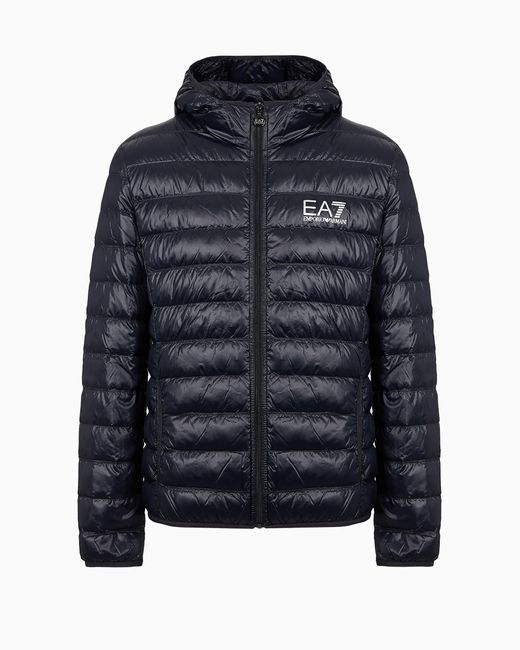 EA7 Blue Packable Hooded Core Identity Puffer Jacket for men