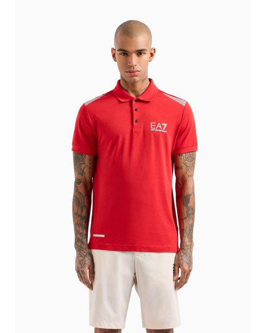 EA7 Red Asv 7 Lines Recycled-fabric Short-sleeved Polo Shirt for men