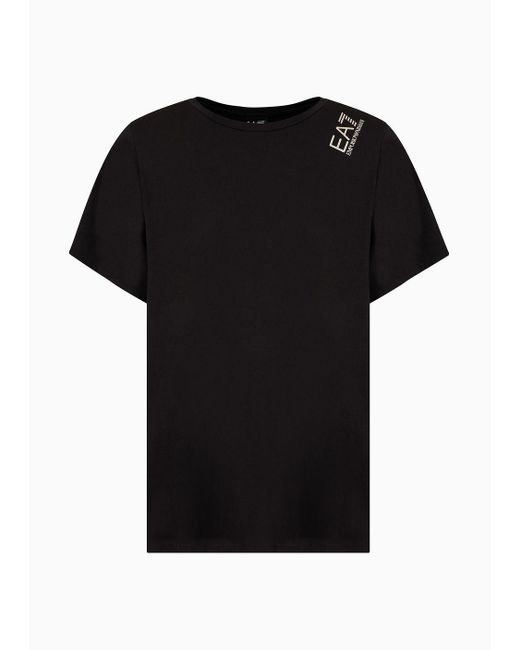 EA7 Black Core Lady Plus Size Cotton And Modal Blend Long Crew-neck T-shirt