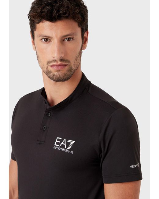 EA7 Black Tennis Pro Henley-collar Polo Shirt In Ventus7 Technical Fabric for men