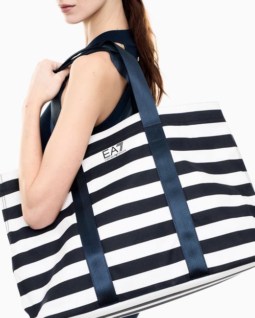 EA7 Blue Striped Cotton Shopper Bag