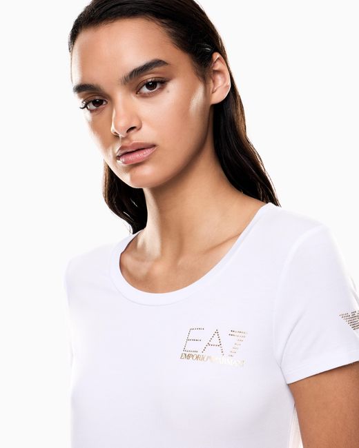 EA7 White Stretch Crew Neck Slim T-Shirt With Micro Studs Evolution