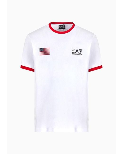 EA7 White Graphic Series Cotton Crew-neck T-shirt With Flag for men