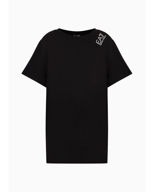 EA7 Black Core Lady Plus Size Cotton And Modal Blend Long Crew-neck T-shirt
