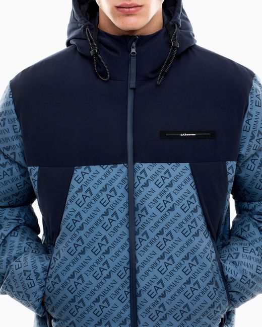 EA7 Blue Oversized Hooded Bomber Jacket With Repeated Logo for men