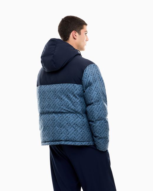 EA7 Blue Oversized Hooded Bomber Jacket With Repeated Logo for men