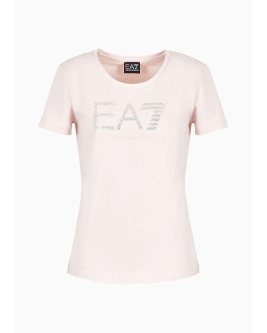 EA7 Pink Logo Series T-shirt Aus Baumwollstretch Mit Strass-logo