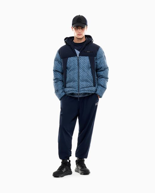 EA7 Blue Oversized Hooded Bomber Jacket With Repeated Logo for men