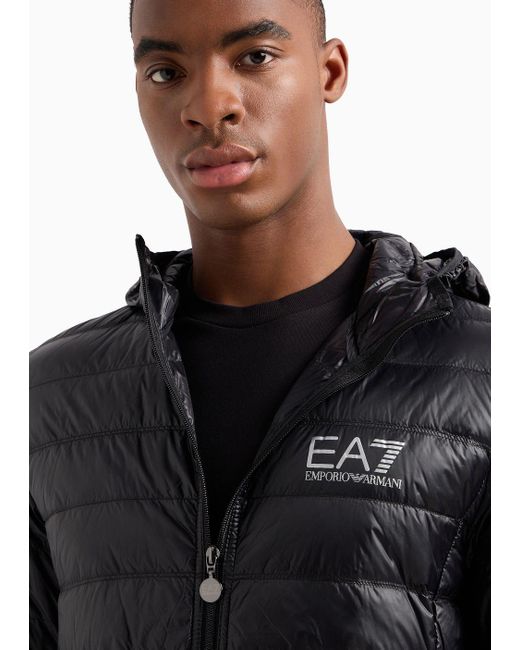 EA7 Black Packable Hooded Core Identity Puffer Jacket for men