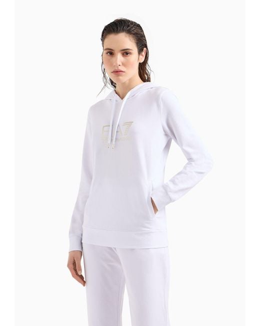 EA7 White Shiny Stretch-cotton Hooded Sweatshirt