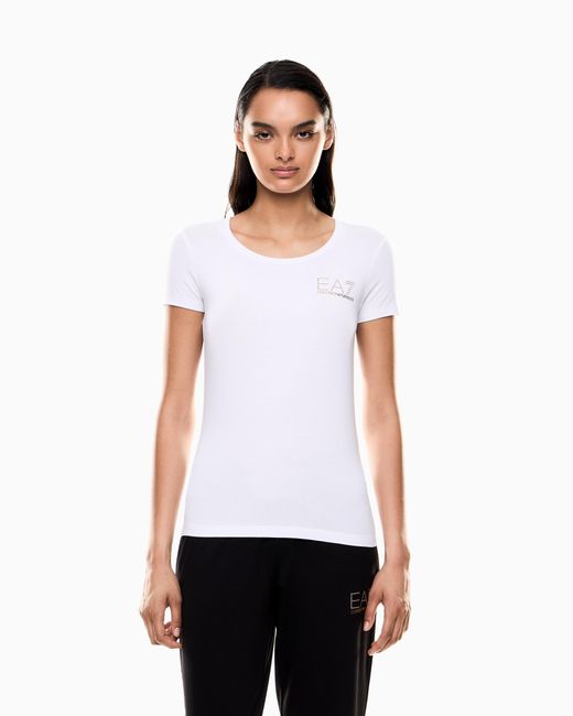 EA7 White Stretch Crew Neck Slim T-Shirt With Micro Studs Evolution