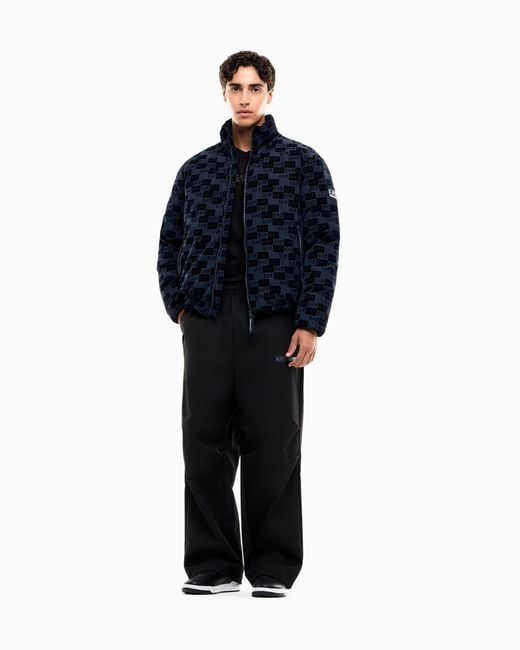 EA7 Blue Oversized Hooded Bomber Jacket With Velvet Monogram for men