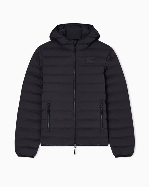 EA7 Blue Technical Fabric Padded Jacket With Hood for men