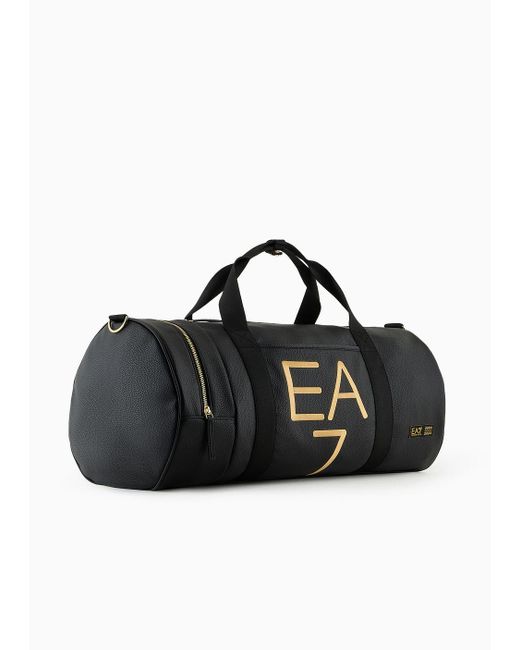 EA7 Black Soccer Duffel Bag With Oversized Golden Logo for men