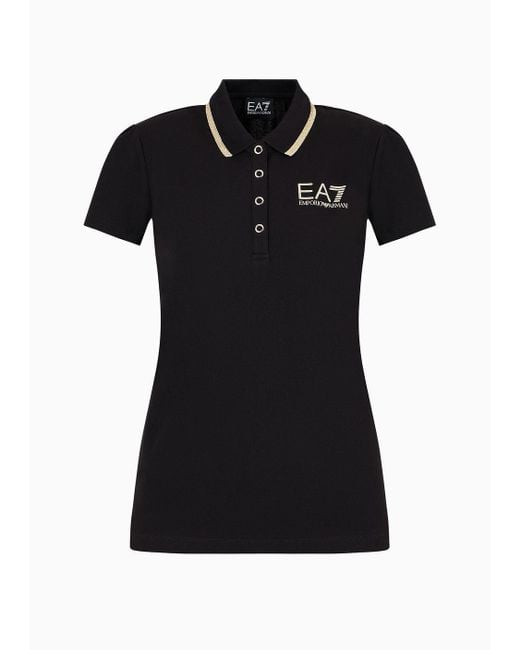 EA7 Black Stretch Cotton Piqué Core Lady Polo Shirt