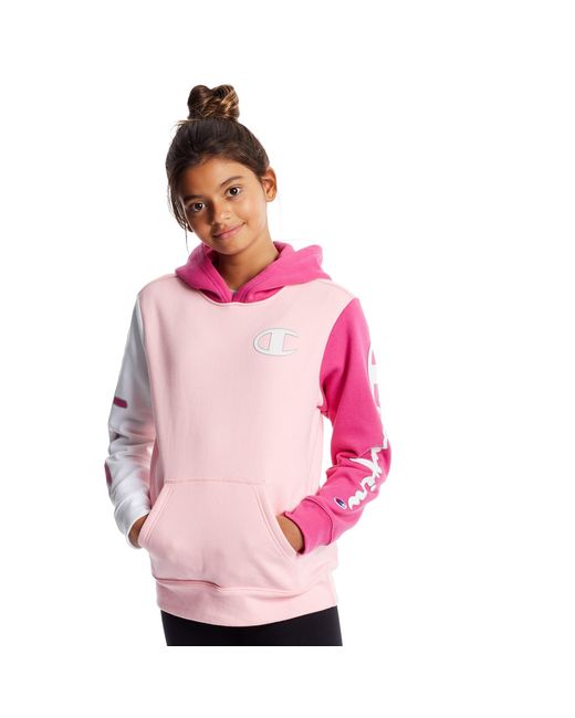 Champion Cotton Kids Reverse Weave Colorblock Hoodie - Youth in Pink ...