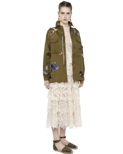 Valentino Green Butterfly Embellished Cotton Jacket