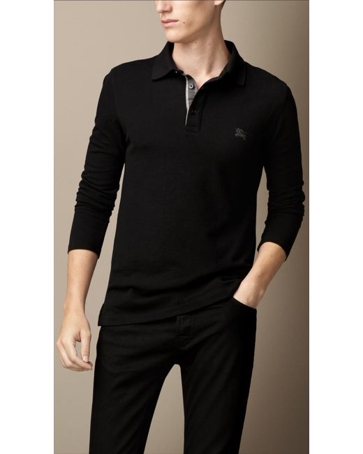Burberry Long Sleeve Polo Shirt in Black for Men | Lyst