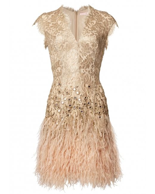 Matthew williamson Gold Lacquer Lace Feather Dress in Gold | Lyst