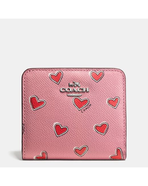 COACH Pink Small Wallet In Heart Print Crossgrain Leather