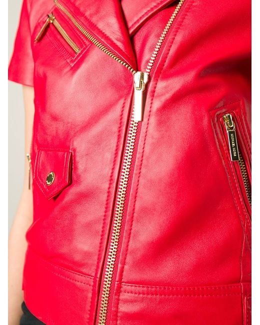 MICHAEL Michael Kors Red Short-Sleeved Lambskin Biker Jacket