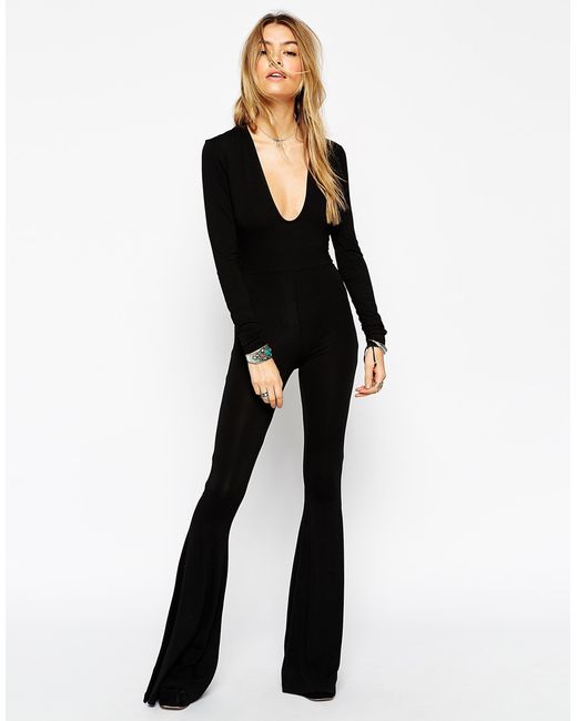 ASOS Black Jumpsuit With Plunge Neck And Flare Legs